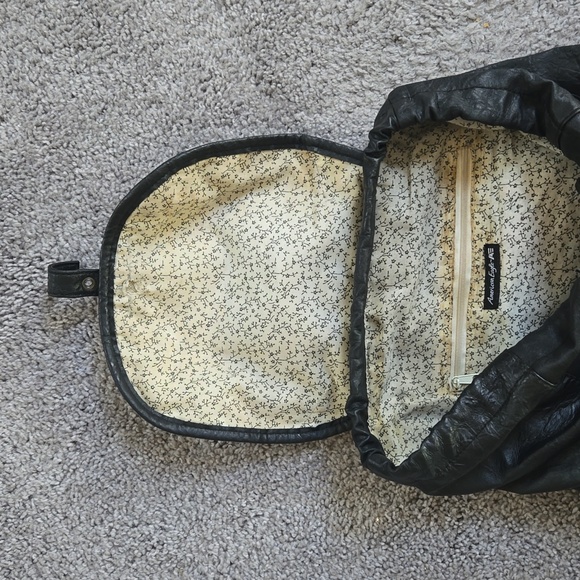 Black Vinyl American Eagle Backpack with Drawstring. Black/White floral inside - Picture 3 of 5